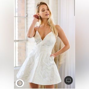 Lulu’s Shining Brightly Ivory and Gold Floral Jacquard Mini Dress